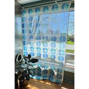 Vintage 70s curtain, blue oval geometric print, sheer, not hemmed, per panel